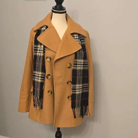 London Fog Camel Peacoat with Checkered Scarf - Picture 1 of 4